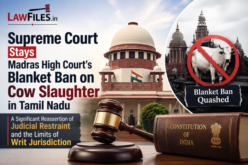 Supreme Court Stays Madras High Court’s Blanket Ban on Cow Slaughter in Tamil Nadu: A Significant Reassertion of Judicial Restraint and the Limits of Writ Jurisdiction